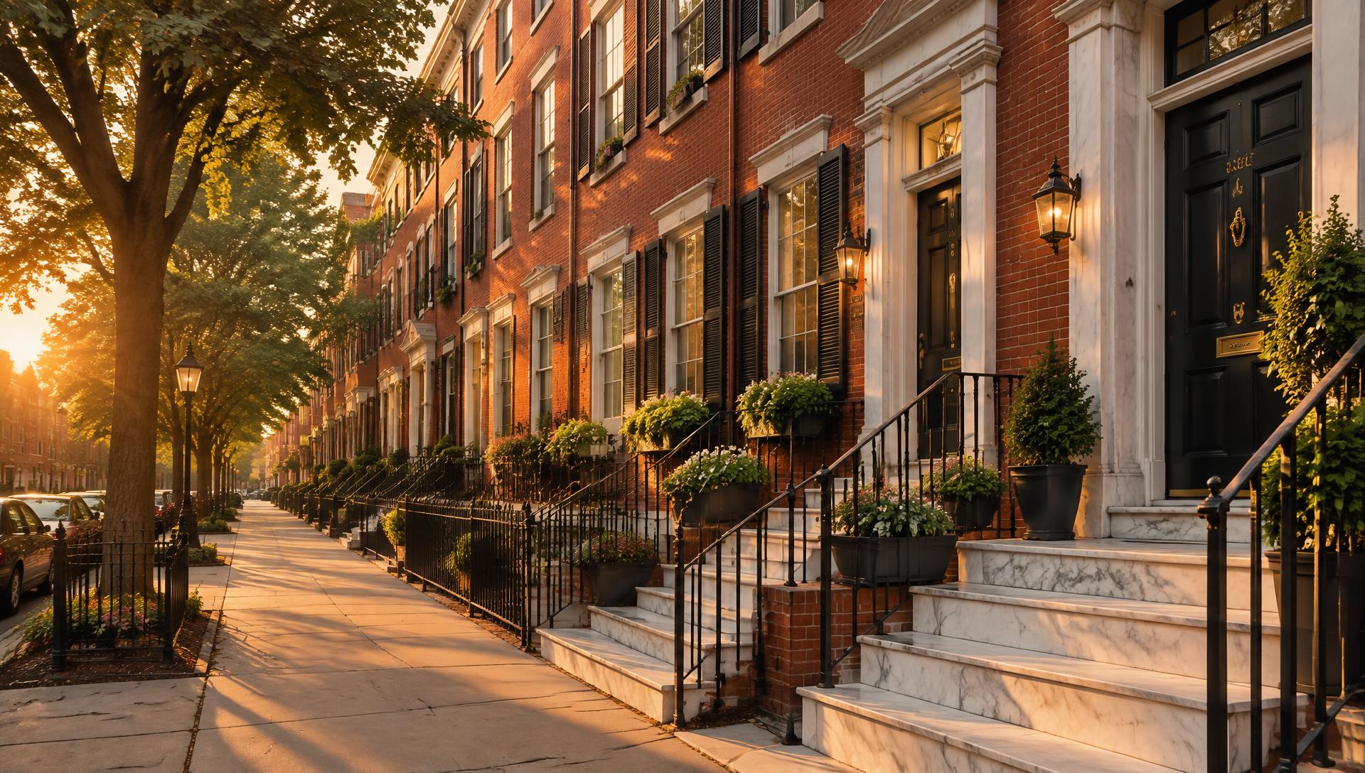Philadelphia row homes on a tree-lined street at golden hour